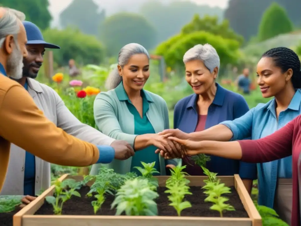 Unidos en el jardín comunitario, plantando semillas y cuidando el medio ambiente