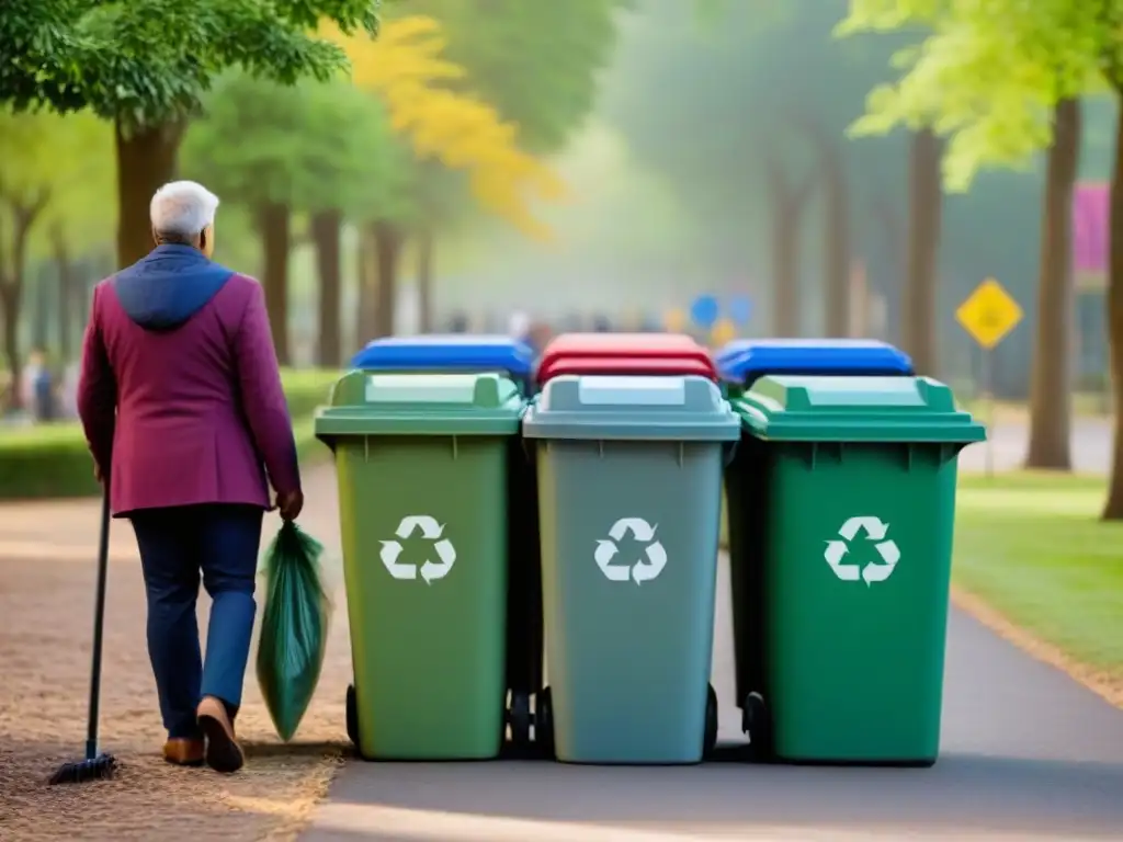 Unidos por la conciencia reciclaje, comunidad limpia parque con coloridos contenedores y vegetación exuberante