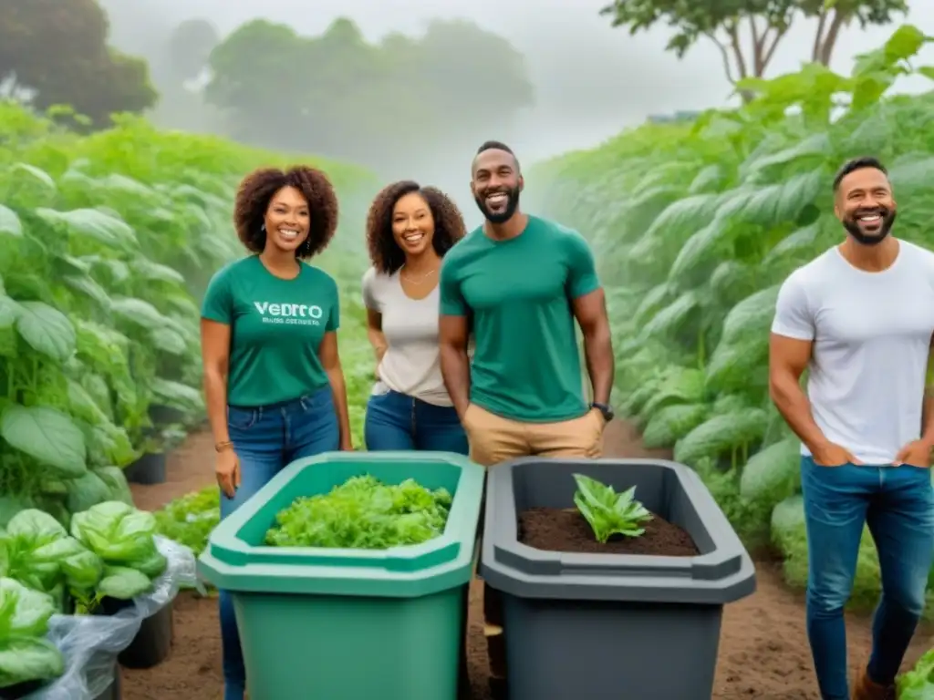 Unidos en la financiación colectiva proyectos zero waste, un grupo diverso sonríe mientras colaboran en un jardín comunitario sostenible