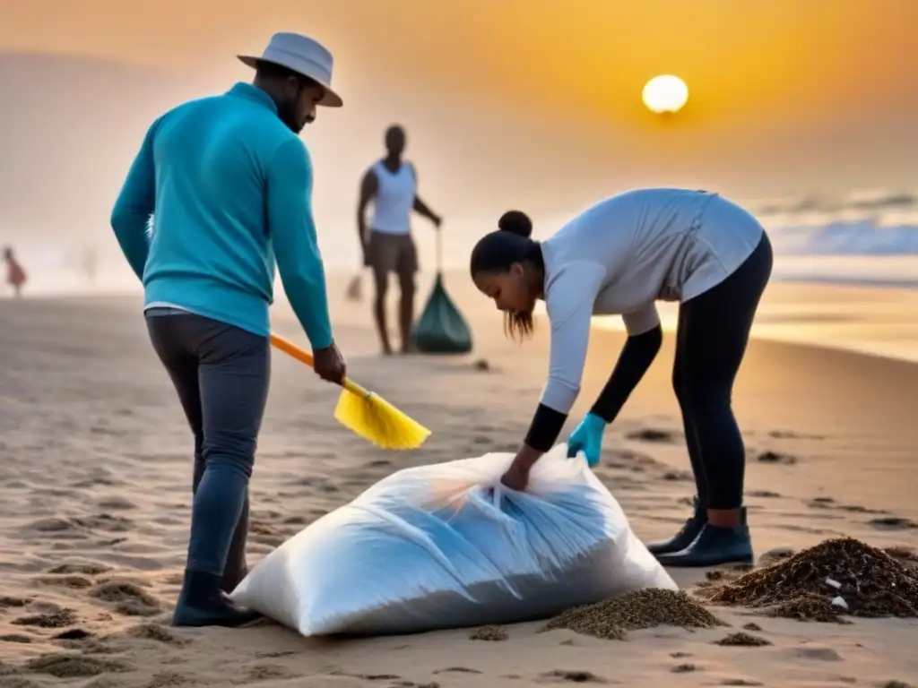 Unidos en la limpieza de la playa al atardecer, resaltando la importancia de camapañas educativas de reducción de residuos sostenibles