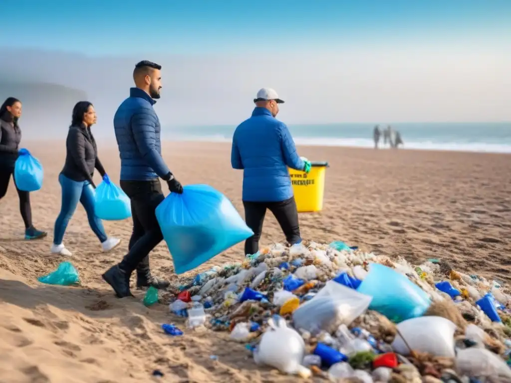 Unidos en limpiar la playa de residuos plásticos bajo cielo azul