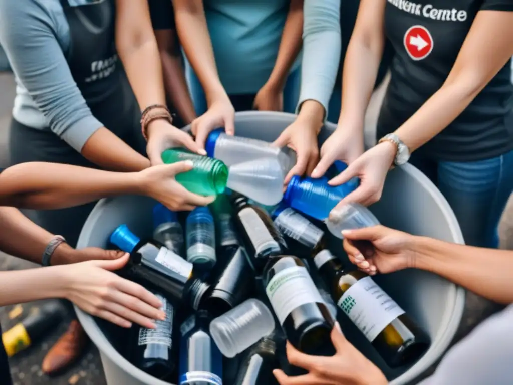 Unidos en el reciclaje comunitario para vida sostenible: manos de diversas edades organizando botellas, periódicos y frascos en contenedores separados