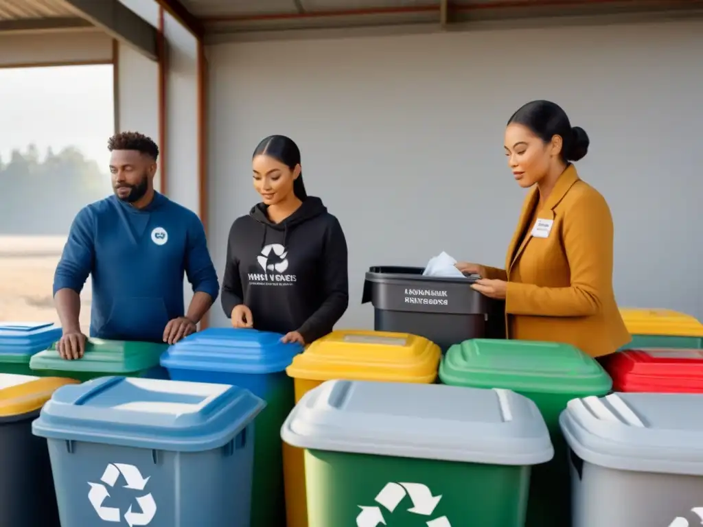 Unidos en Reciclaje inclusivo comunidad sostenible: diversidad de edades y fondos clasifican materiales en centro luminoso