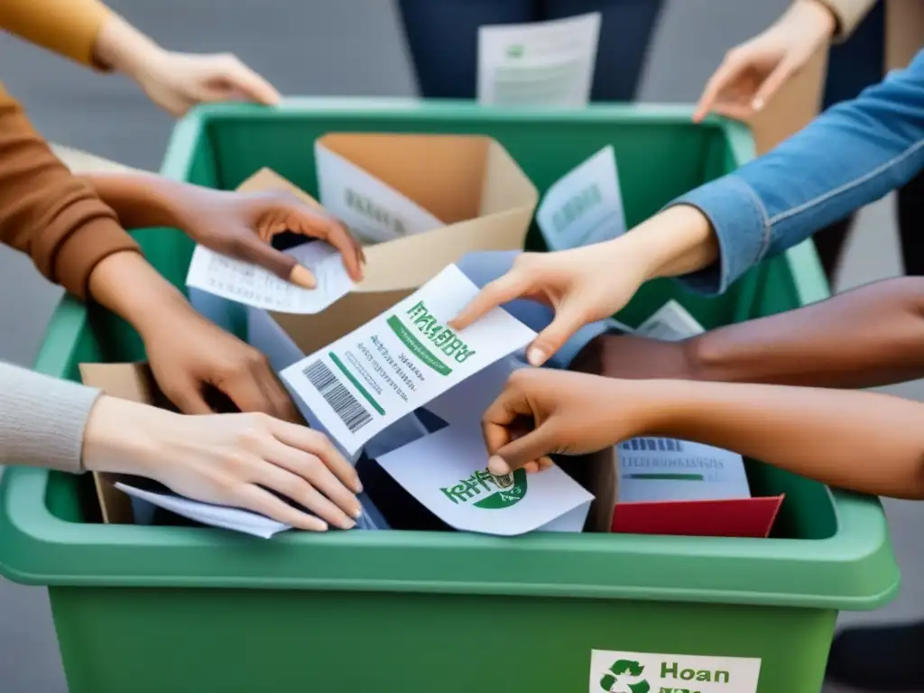 Unidos por el reciclaje: manos diversas reciclando materiales en centro comunitario limpio y luminoso, con carteles educativos