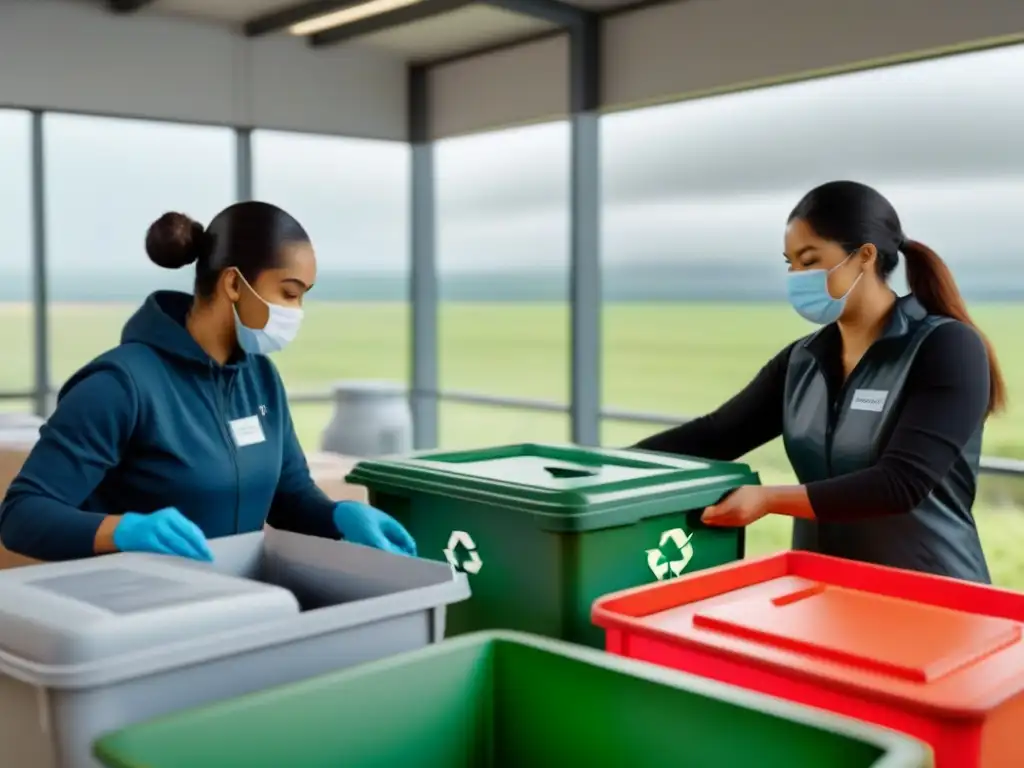 Unidos en Retos Zero Waste sostenible: Personas diversas clasificando materiales reciclables en moderna instalación luminosa