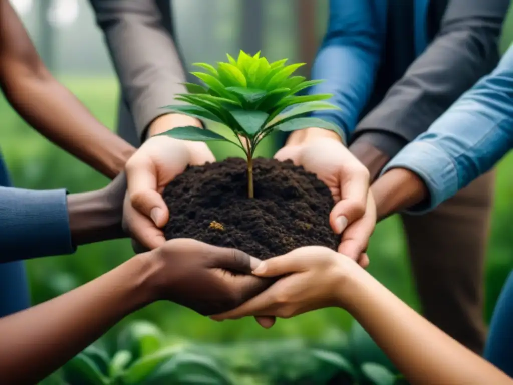 Unidos por la sostenibilidad: manos diversas plantando un árbol