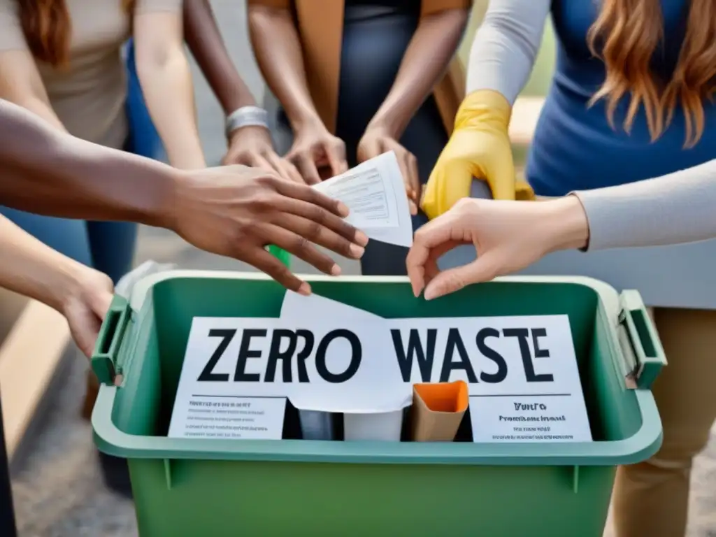 Unidos por la sostenibilidad: manos diversas clasificando reciclables en instalación moderna, promoviendo políticas internacionales de zero waste