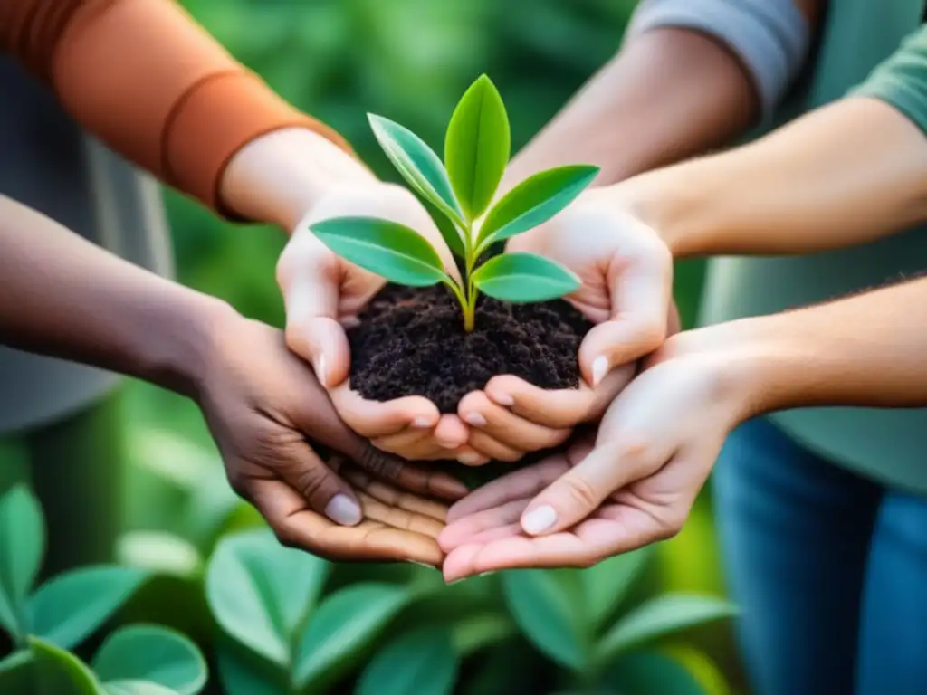 Unidos por la sostenibilidad: manos diversas sostienen plantas verdes, simbolizando la comunidad en eventos sostenibles