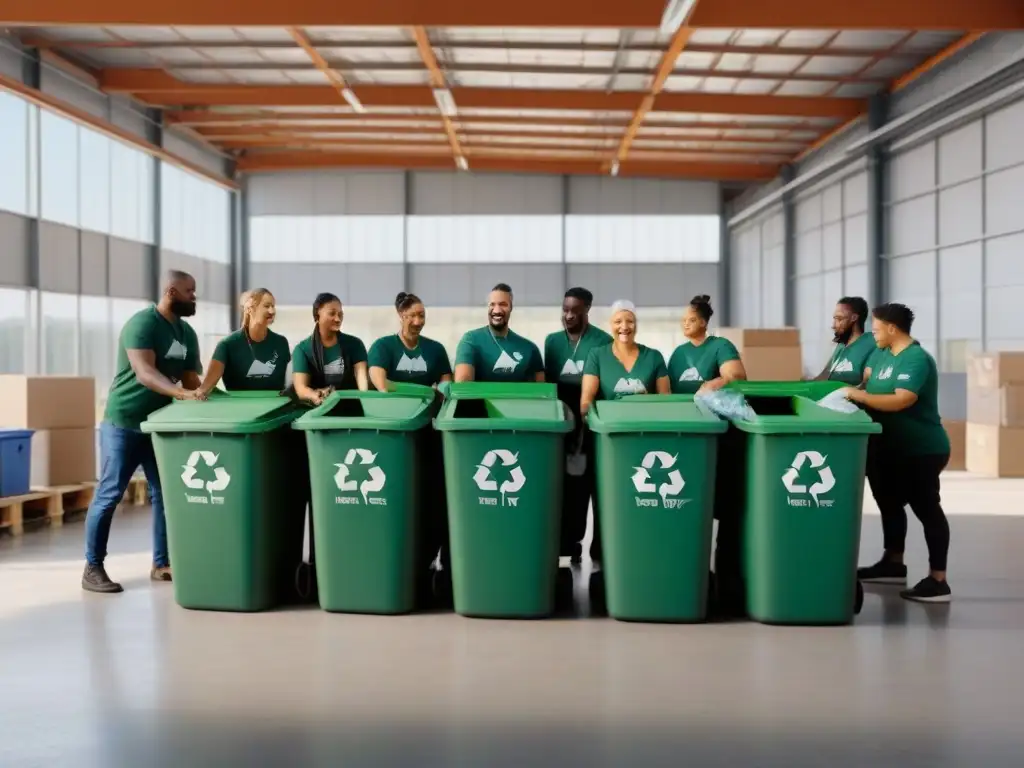 Unidos en la sostenibilidad, diversas personas de todas las edades y etnias reciclan juntas en un moderno centro de reciclaje