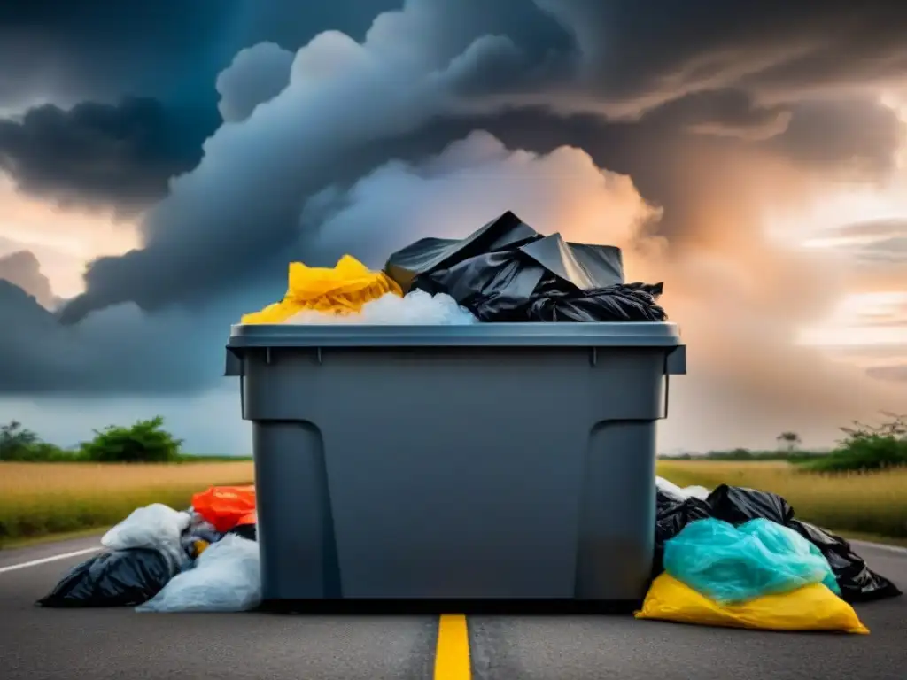 Montaña de uniformes no sostenibles en basura, con nubes de tormenta