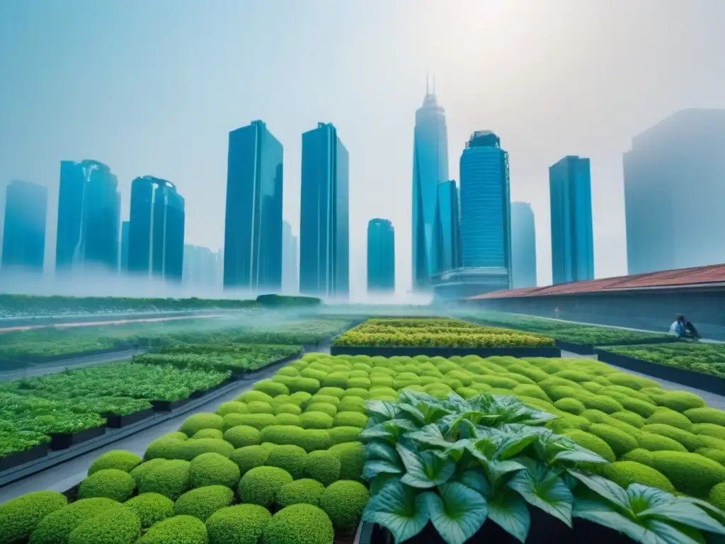 Renaturalización urbana en una ciudad futurista con rascacielos verdes integrados con jardines verticales vibrantes, bajo un cielo azul brillante