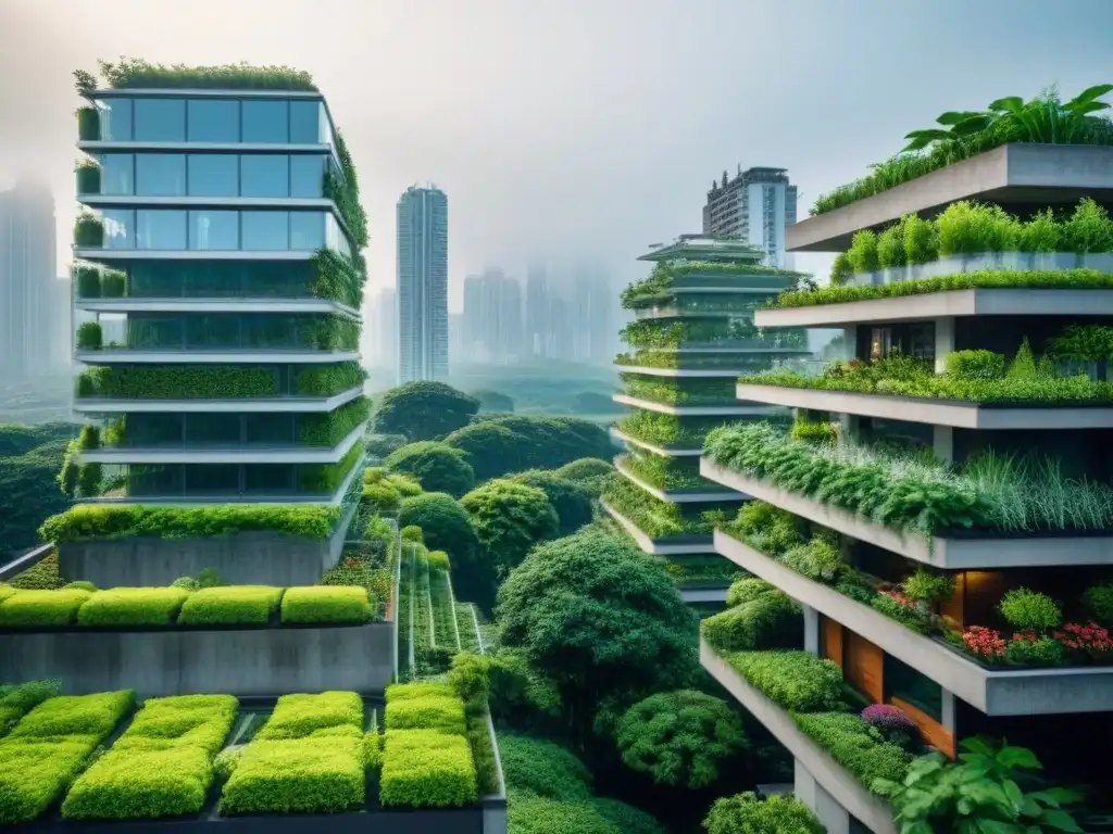 Renaturalización urbana: ciudad moderna con vegetación integrada, jardines en azoteas y bosques verticales, contrarrestando el cambio climático