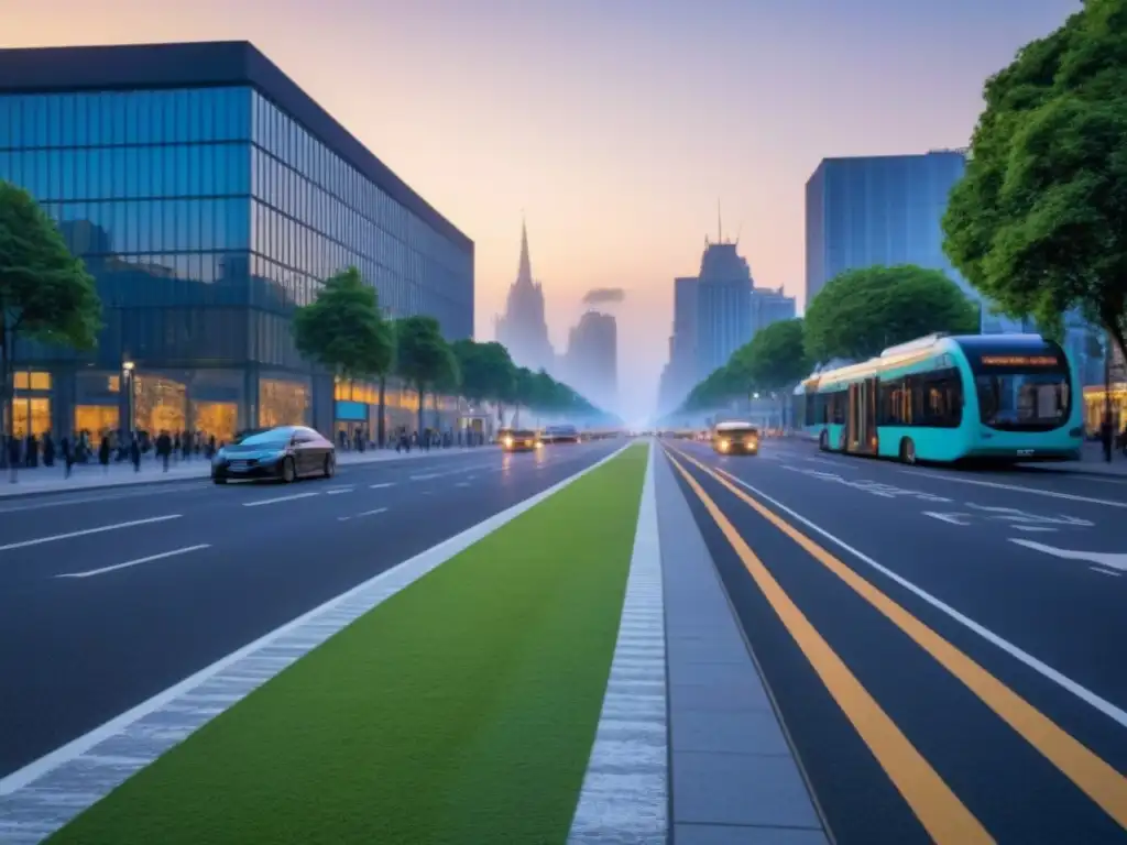 Armonía urbana: transporte sostenible y biodiversidad Armonía urbana: movilidad sostenible y biodiversidad en la ciudad al amanecer