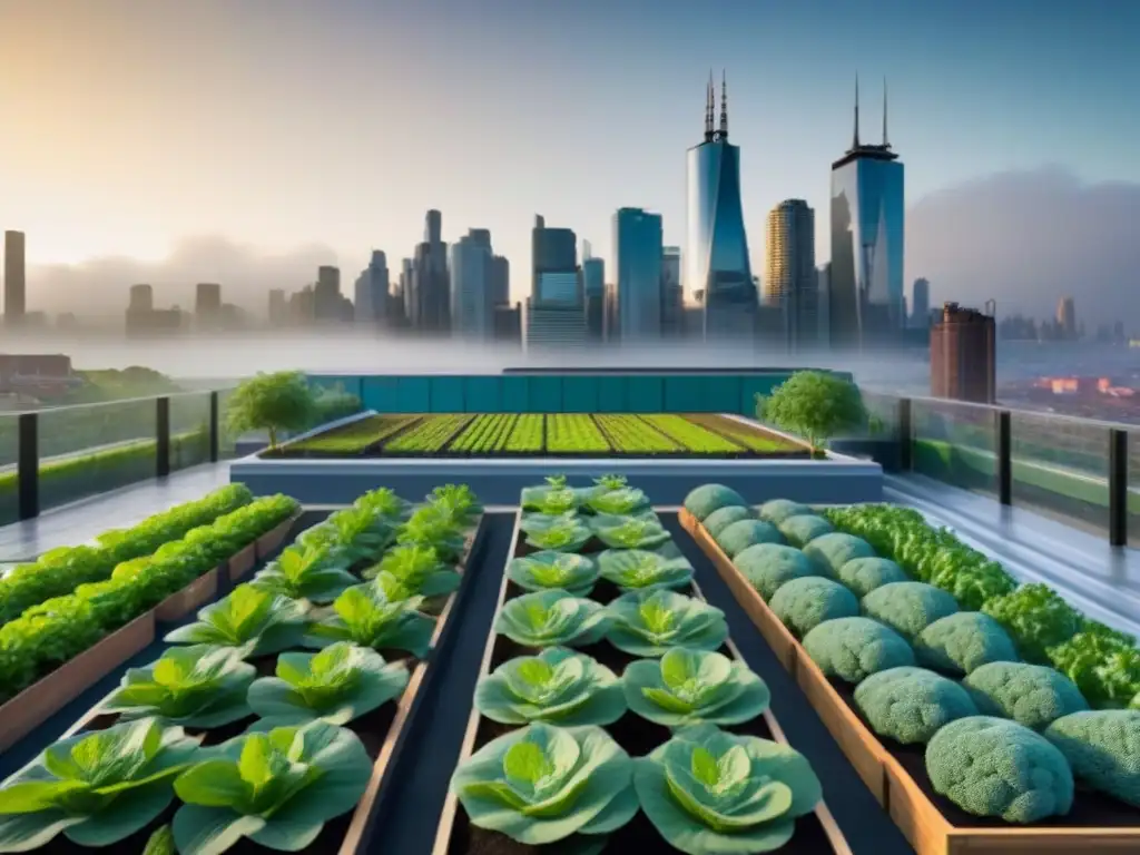 Un jardín urbano con Big Data en Agricultura Urbana: plantas verdes en macetas geométricas frente a la ciudad