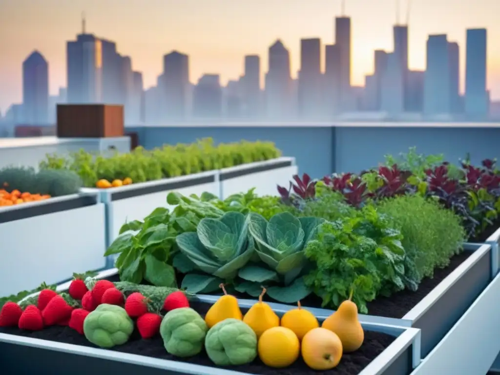 Jardín urbano con app para agricultura sostenible, frutas, verduras y hierbas en la azotea de la ciudad