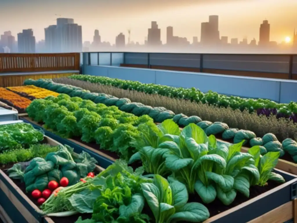 Un jardín urbano bullicioso con vegetales coloridos en camas elevadas