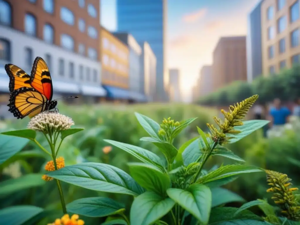 Un jardín urbano prístino y detallado, con plantas nativas y biodiversidad