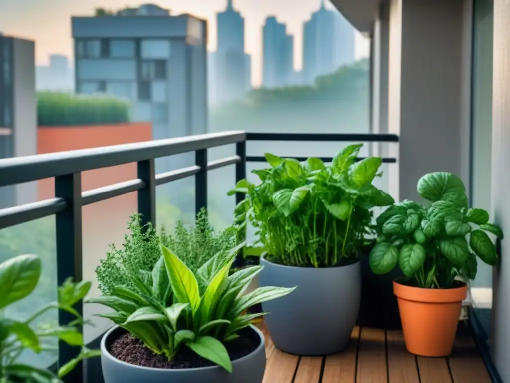 Un jardín urbano sereno y minimalista con hierbas y vegetales, bañado por suave luz solar