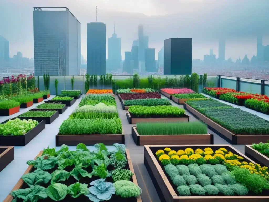 Un jardín urbano sostenible en la azotea, con variedad de plantas en camas elevadas, en armonía con la ciudad moderna