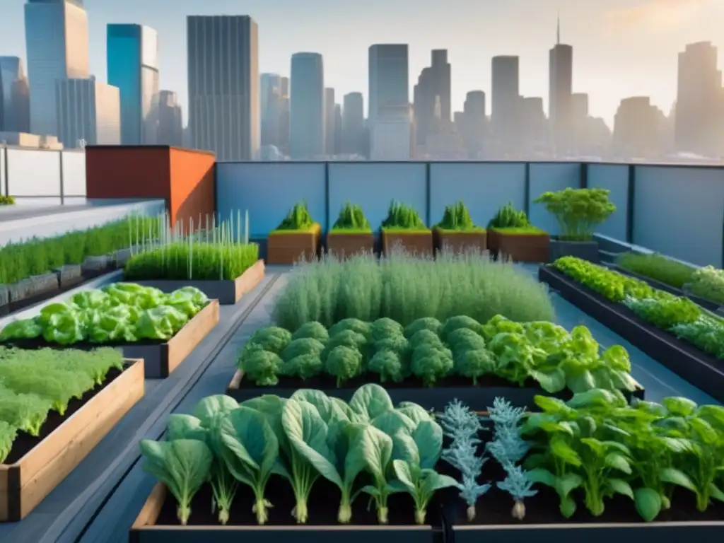 Un jardín urbano sostenible floreciendo en la azotea, con vegetales y hierbas vibrantes