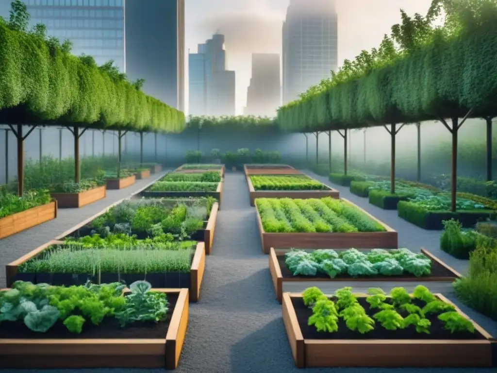 Un jardín urbano sostenible con camas elevadas y plantas verdes bajo el sol; armonía entre naturaleza y ciudad