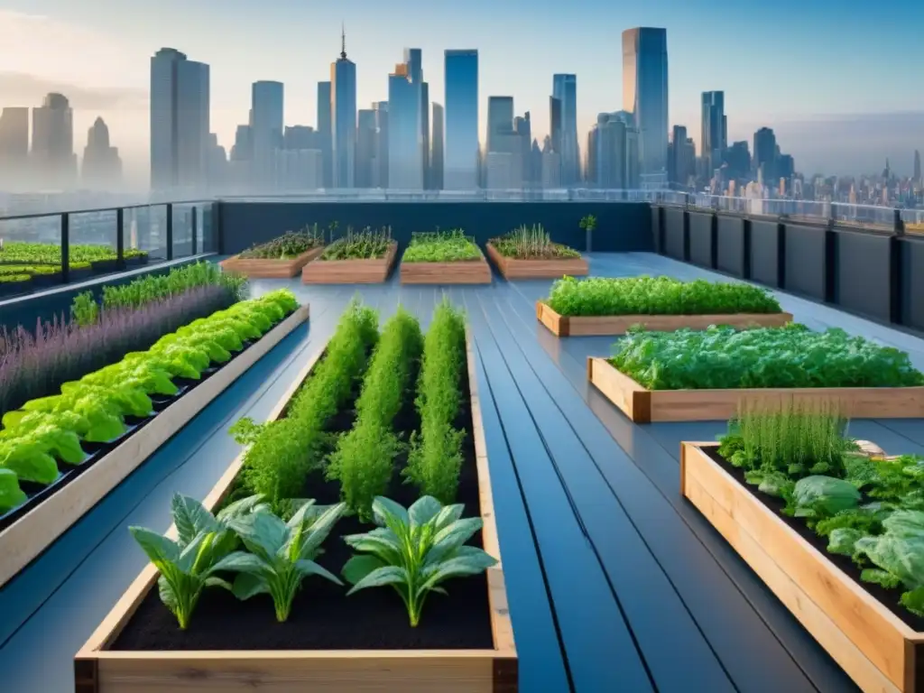 Un jardín urbano sostenible con plantas verdes en camas de madera reciclada, bajo un cielo azul