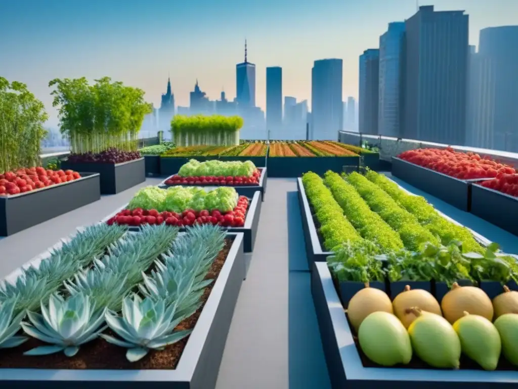 Un jardín urbano sostenible rebosante de frutas y verduras coloridas, en armonía con la vida citadina moderna