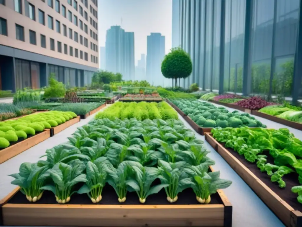 Un jardín urbano sostenible con vegetales y hierbas en camas elevadas, frente a rascacielos