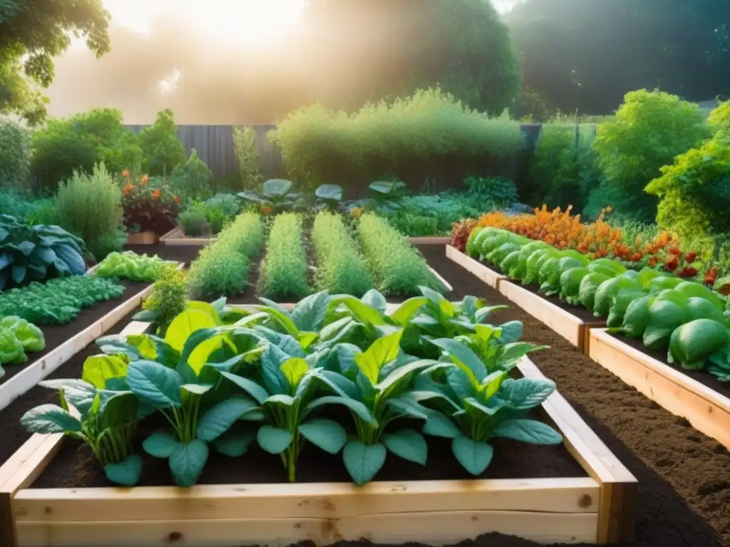 Un jardín urbano vibrante y detallado, lleno de frutas, verduras y hierbas coloridas en camas elevadas