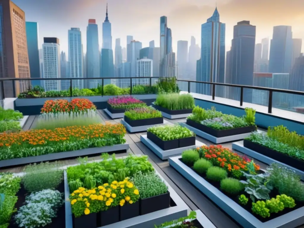 Un jardín urbano vibrante y detallado con plantas exuberantes y flores coloridas en contraste con rascacielos