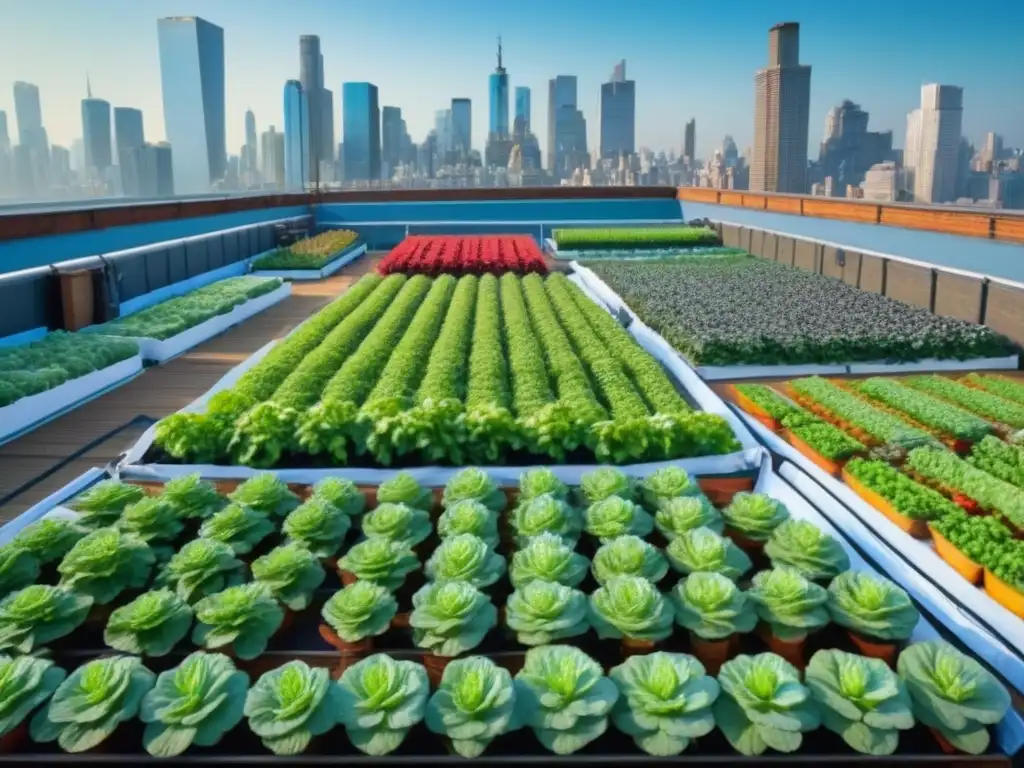 Un jardín urbano vibrante y detallado, rodeado de altos edificios de la ciudad, repleto de frutas, verduras y flores en un entorno sostenible