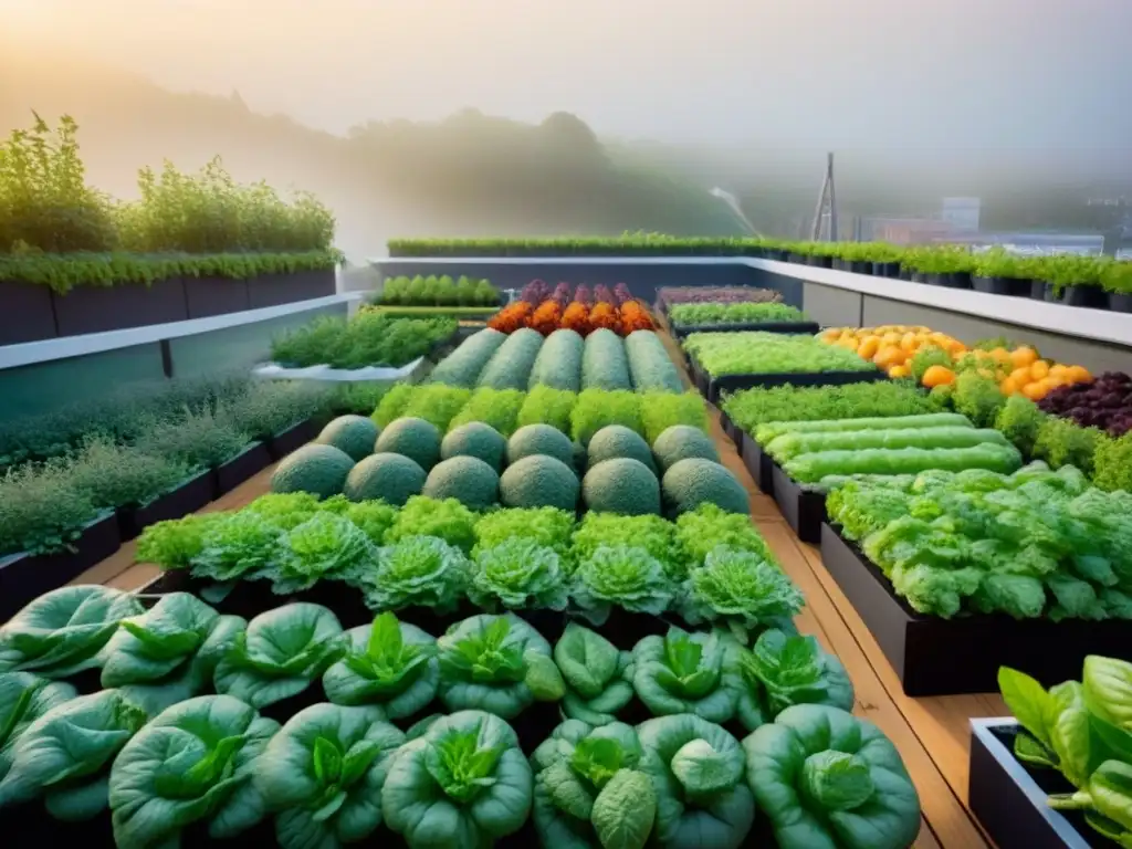 Un jardín urbano vibrante y diverso, resplandeciente con frutas, verduras y hierbas coloridas, en armonía con la naturaleza