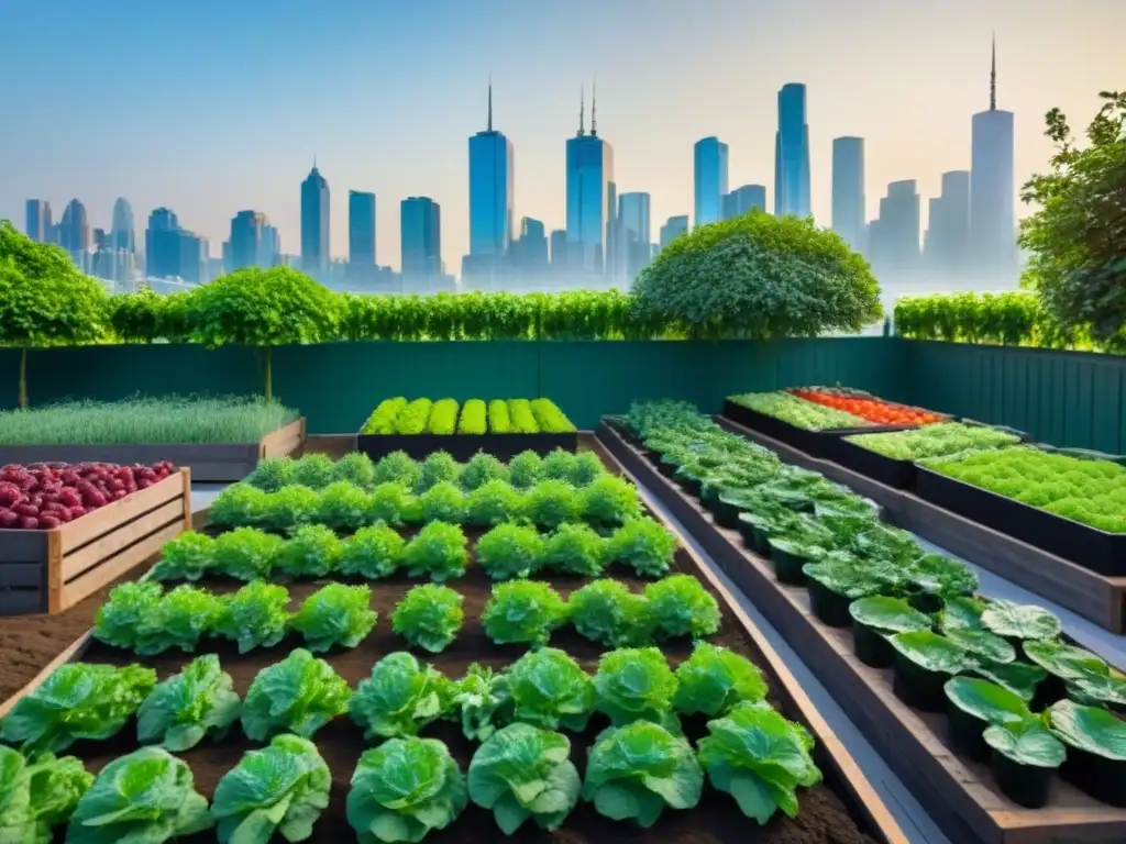 Un jardín urbano vibrante y exuberante con frutas y verduras coloridas, organizadas en camas elevadas, contra un fondo de skyline urbano moderno