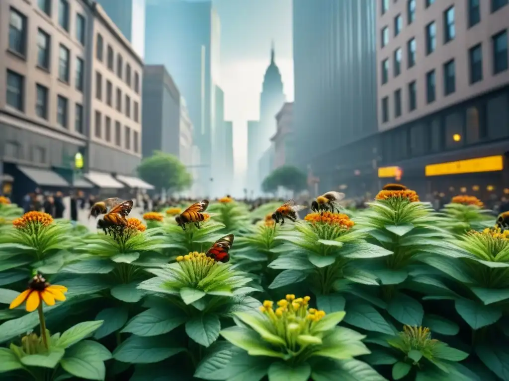 Un jardín urbano vibrante con flores coloridas atrae abejas y mariposas