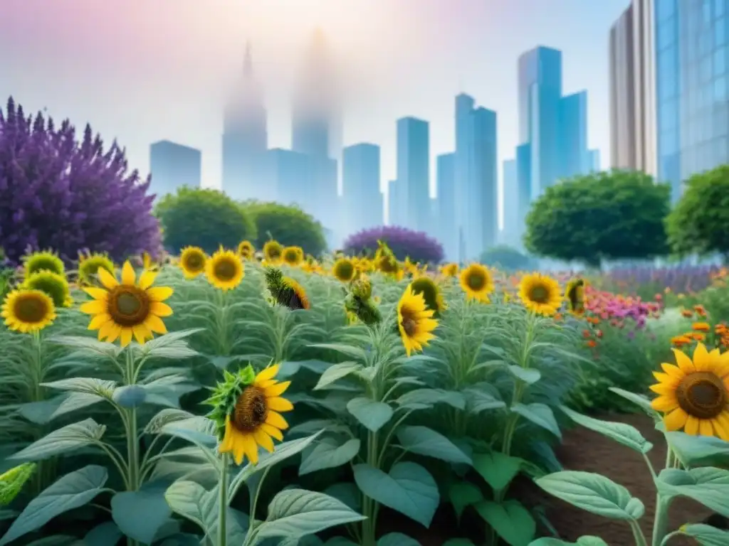 Un jardín urbano vibrante lleno de flores coloridas como lavanda, girasoles y flores silvestres, apoyando a polinizadores urbanos sostenibles