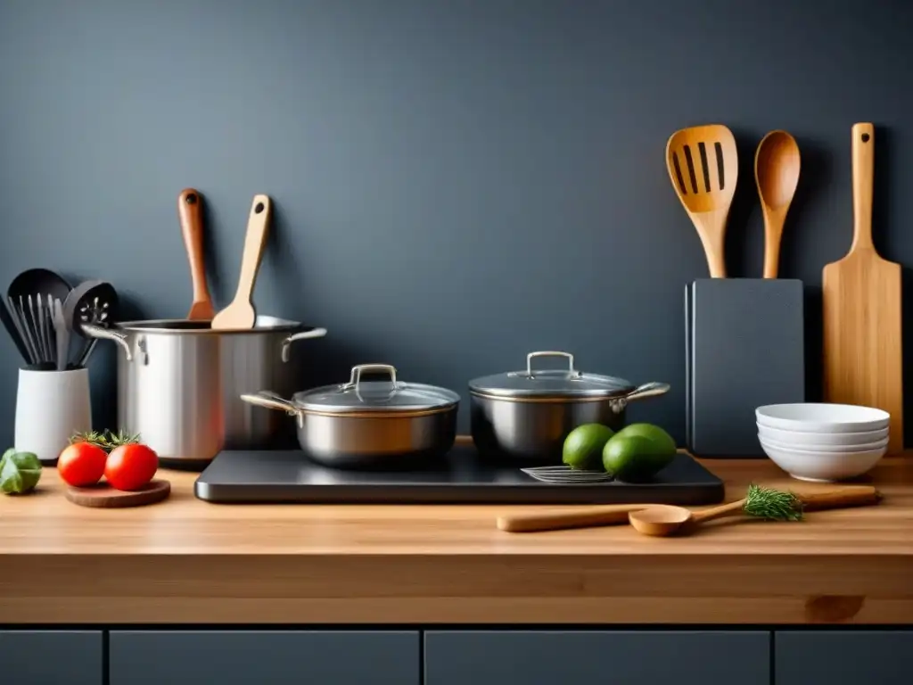 Utensilios de cocina ecoamigables organizados en una cocina moderna y elegante