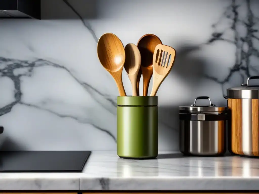 Utensilios de cocina ecoamigables organizados en cocina moderna con detalles de madera y bambú