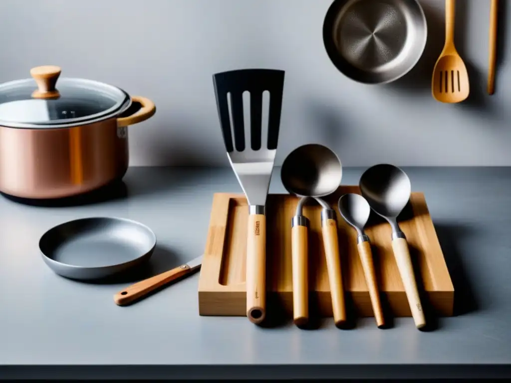 Utensilios de cocina ecológicos: Conjunto moderno y sostenible de utensilios en un elegante diseño minimalista sobre una encimera de madera clara