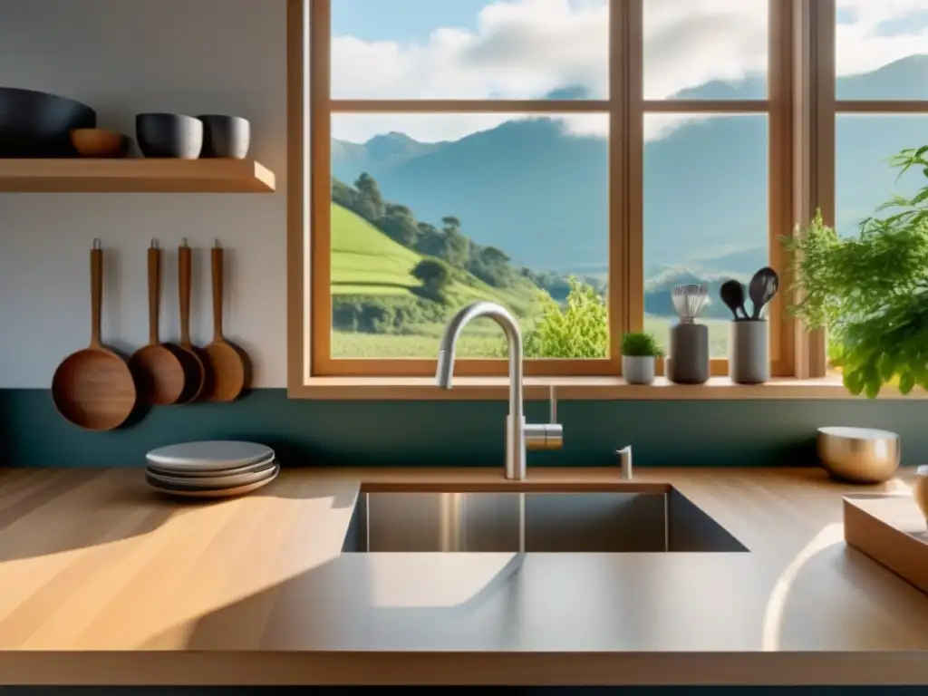 Utensilios de cocina ecológicos organizados en una cocina moderna y elegante, con materiales sostenibles y luz natural