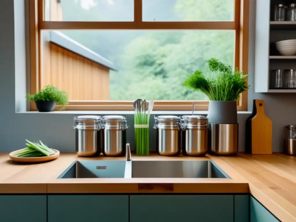 Utensilios de cocina ecológicos organizados en cocina moderna y minimalista