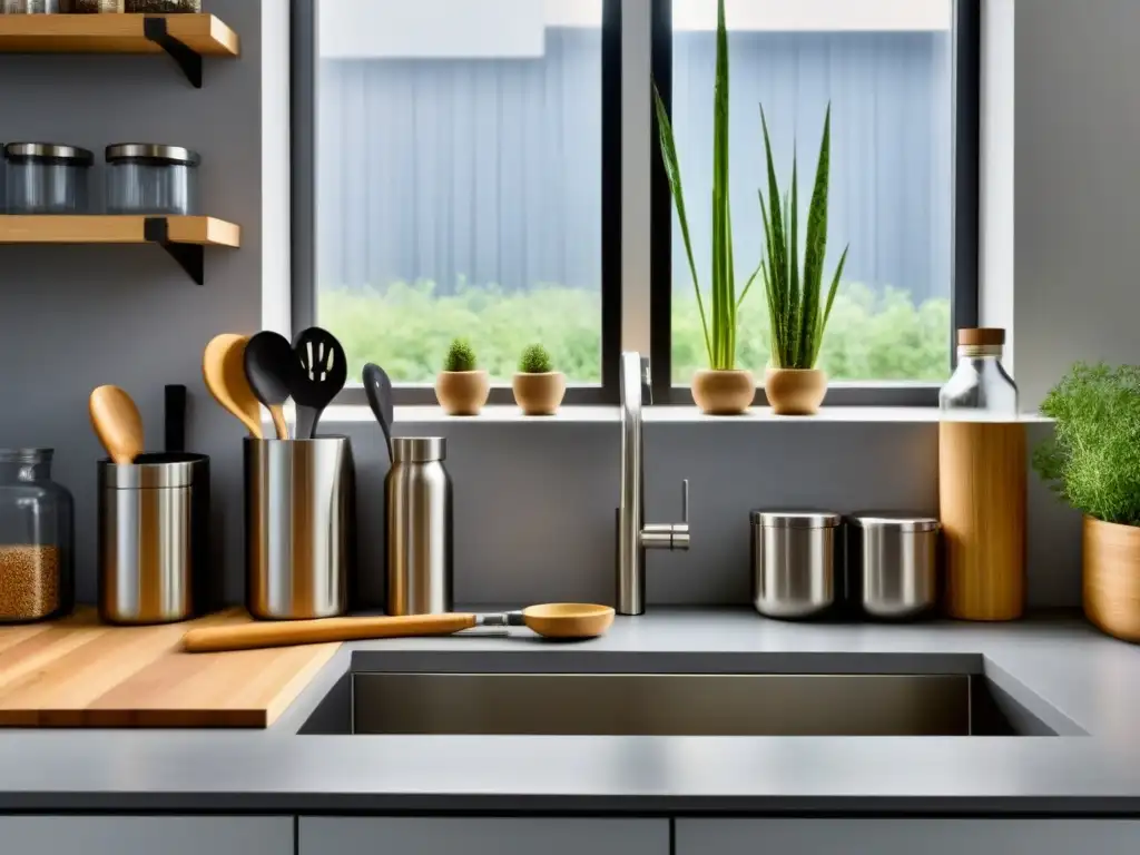 Utensilios ecológicos cocina zero waste en un elegante y minimalista mostrador de cocina, organizados y armoniosos bajo la luz natural