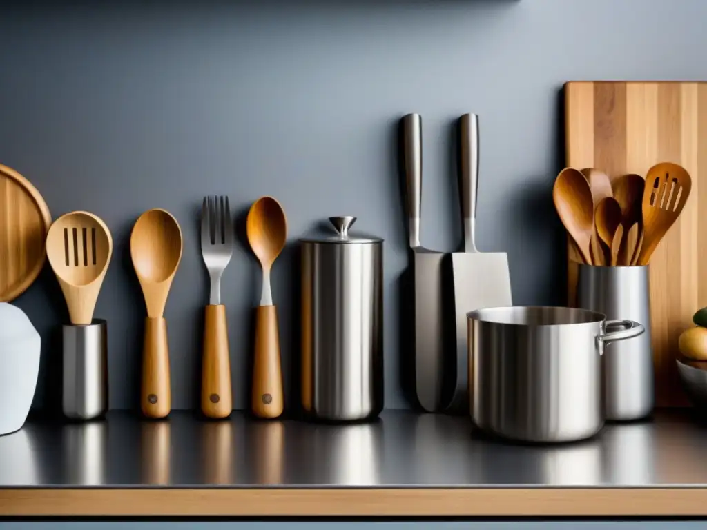 Utensilios ecológicos de cocina zero waste organizados en una encimera moderna y elegante