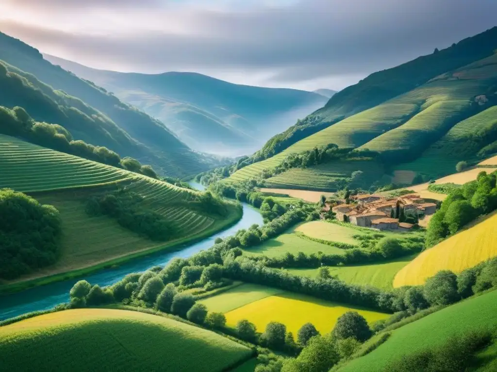 Un valle verde en el norte de España, con colinas, casas de piedra, bosques, arroyo y sol brillante