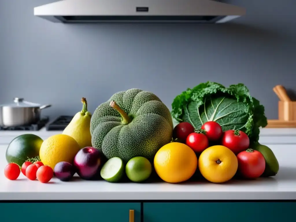 Variada selección de frutas y verduras frescas en una cocina moderna, destacando los beneficios de usar Too Good To Go en la industria alimentaria