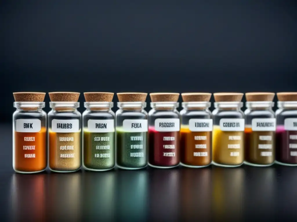 Variados conservantes alimentarios en polvo, en elegantes recipientes de vidrio sobre superficie negra