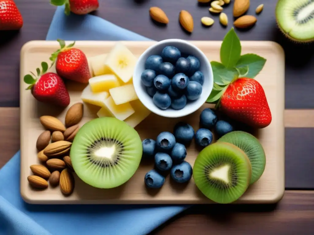 Bodegón de snacks orgánicos: Frutas y frutos secos en tabla de madera Variados snacks ecológicos saludables día a día en tabla de madera moderna