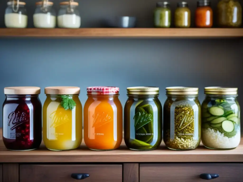 Una variedad de alimentos fermentados caseros en tarros de vidrio sobre una encimera de cocina de madera