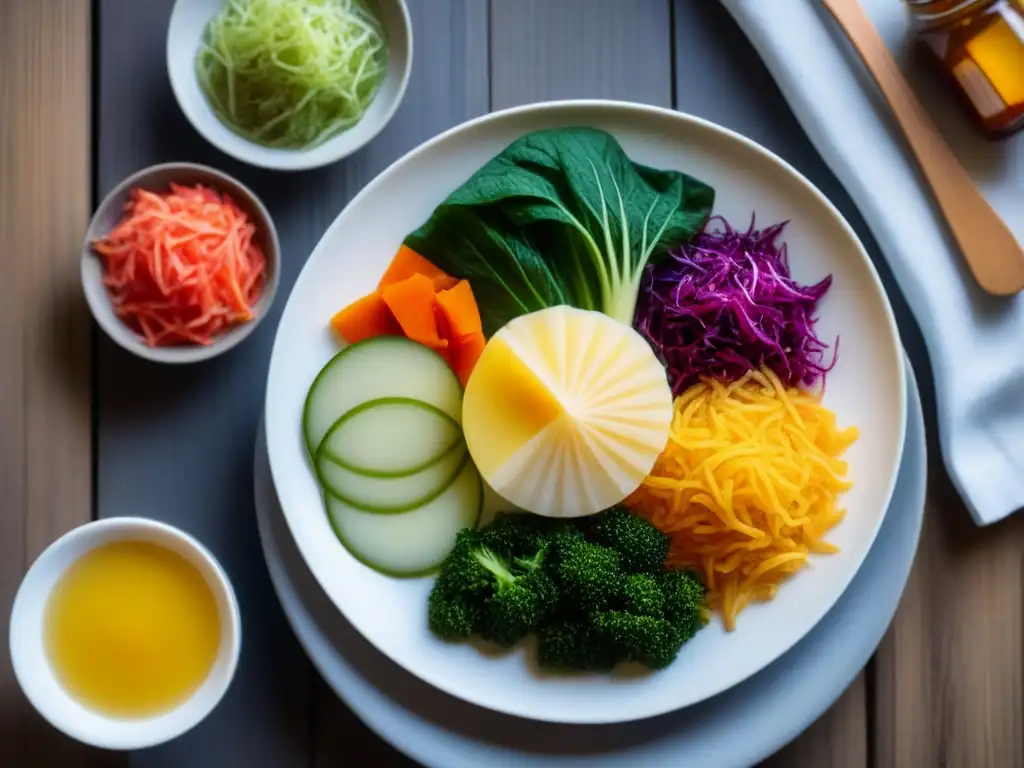 Variedad de alimentos fermentados coloridos en un plato blanco sobre mesa de madera