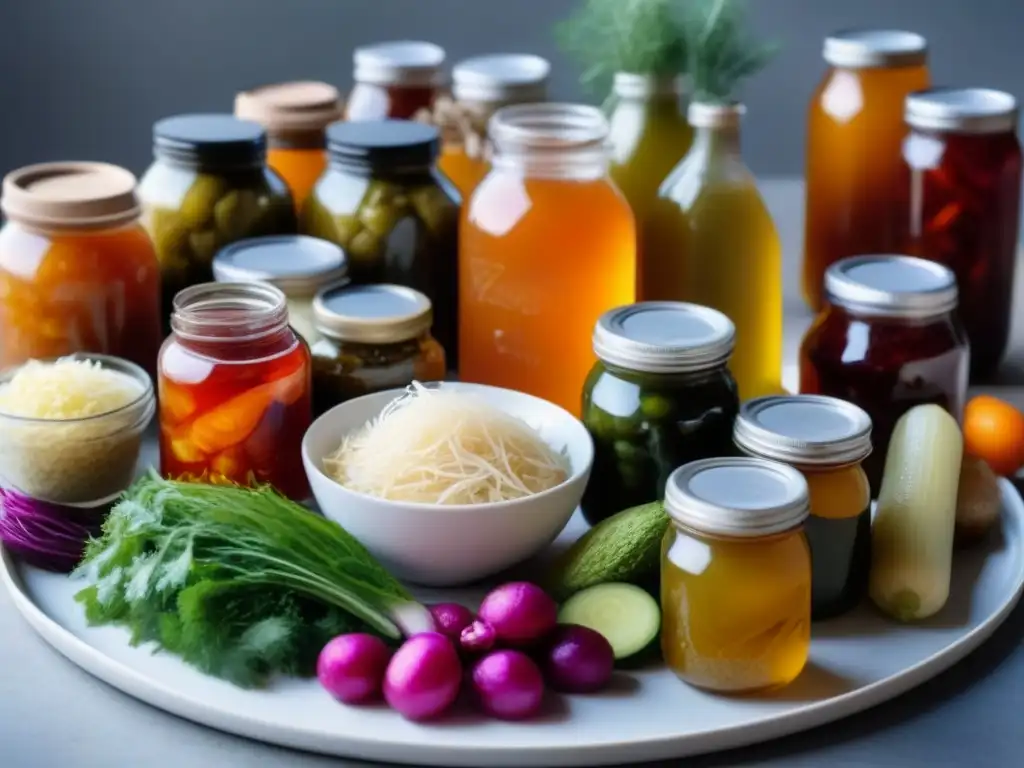 Una variedad de alimentos fermentados coloridos en un plato blanco moderno, mostrando la belleza y diversidad de la fermentación casera