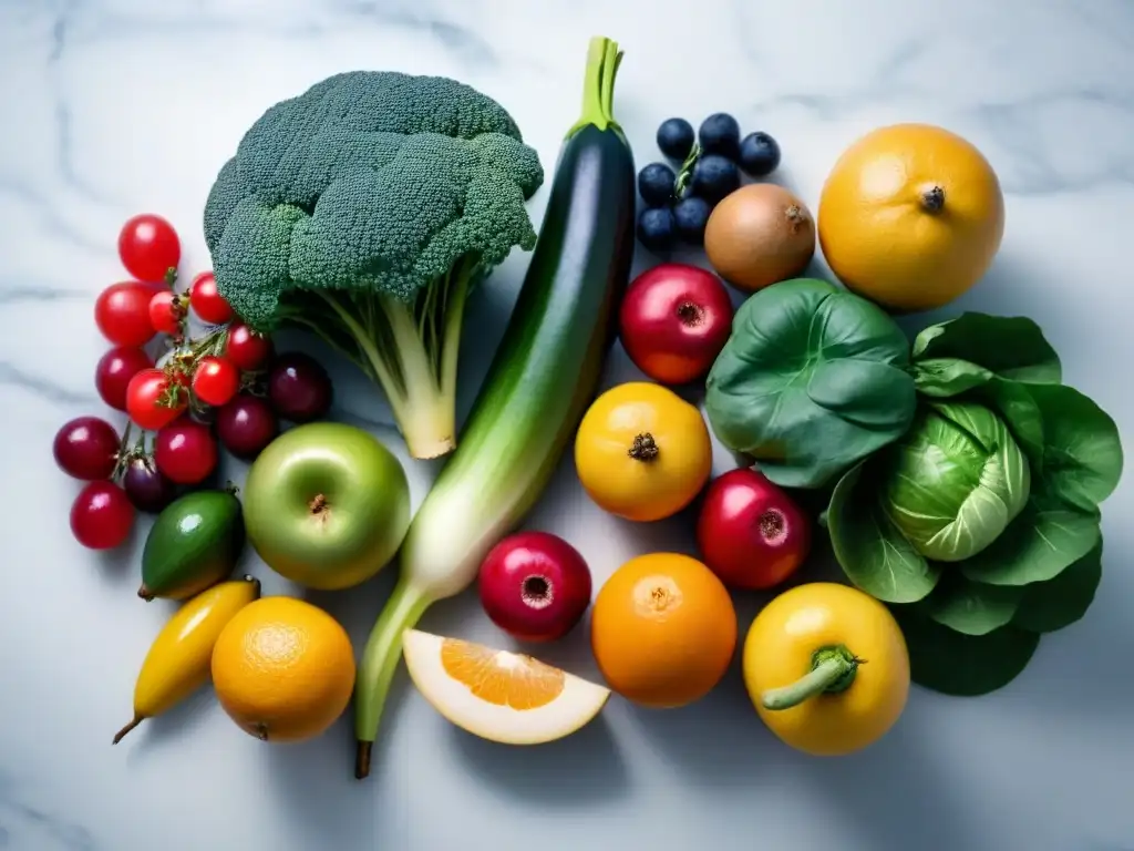 Una variedad colorida de frutas y verduras frescas sobre encimera de mármol blanco, transmitiendo frescura y abundancia